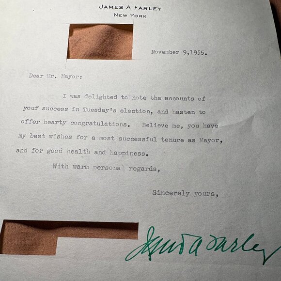 1955 James A. Farley Signed Autograph Letter – Postmaster General – Nov 9, 1955 - Picture 1 of 1